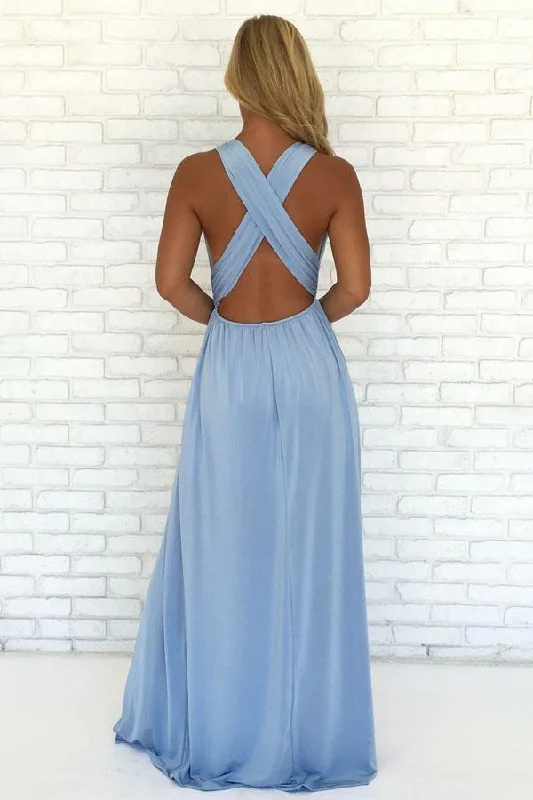 A-Line V-Neck Criss-Cross Straps Sky Blue Chiffon Prom Dress with Split  PG997