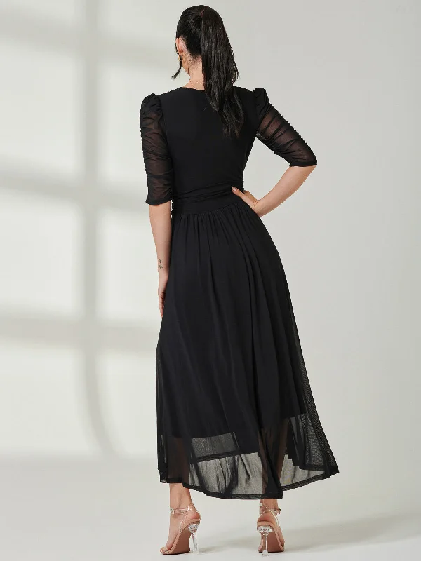 Aneissa Ruched Sleeve Mesh Maxi Dress, Black