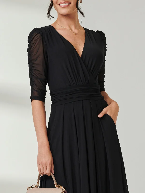 Aneissa Ruched Sleeve Mesh Maxi Dress, Black