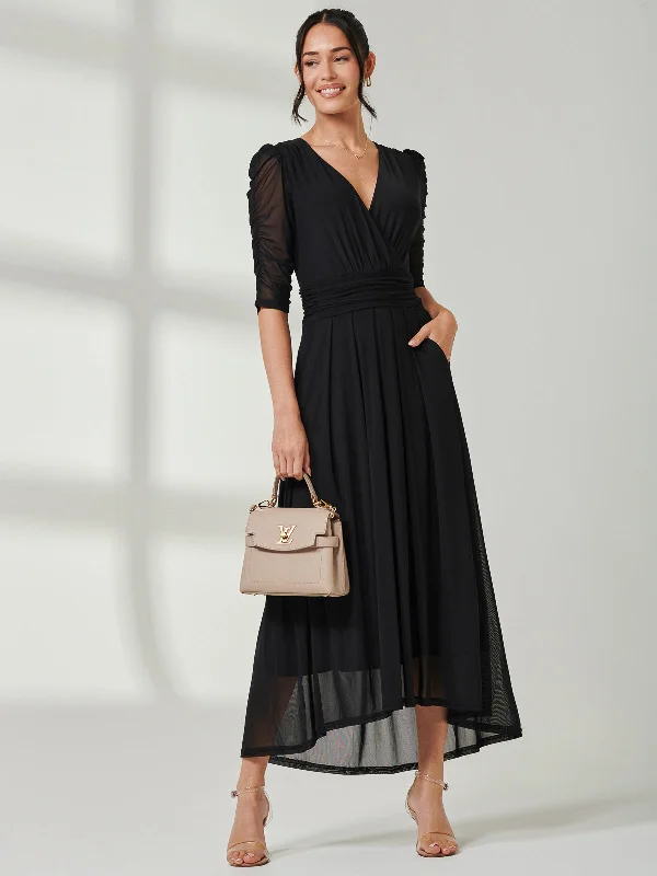 Aneissa Ruched Sleeve Mesh Maxi Dress, Black