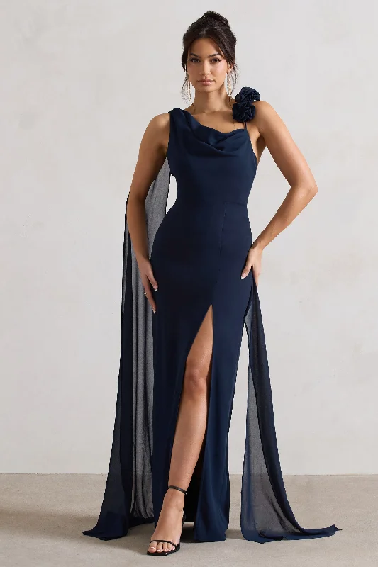 Angeline | Navy Chiffon Draped Split Maxi Dress With Corsages