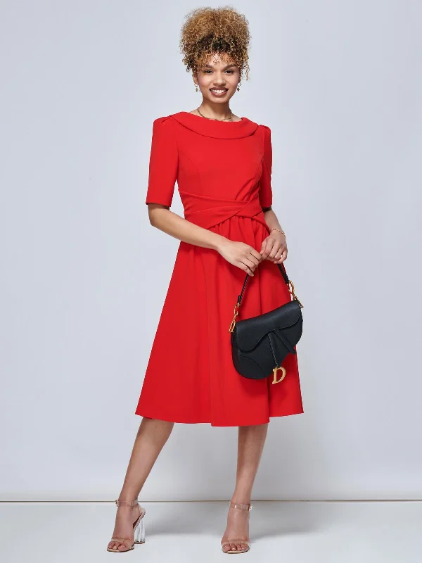 Beckie Fold Over Detail Flared Dress, Red