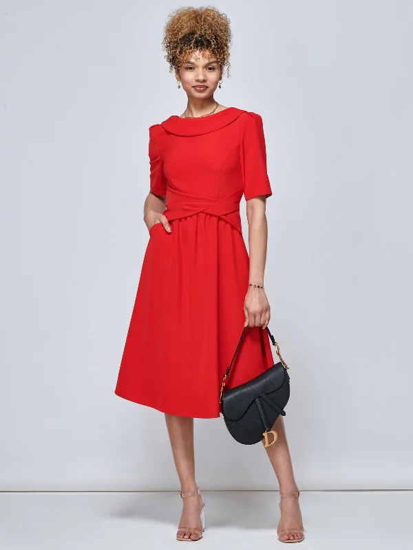 Beckie Fold Over Detail Flared Dress, Red