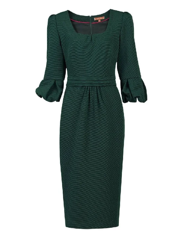 Bell Sleeve Boat Neck Pencil Dress, Dark Green