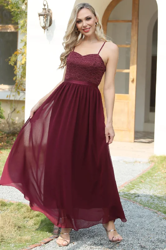 Burgundy Chiffon Wedding Guest Dress with Lace