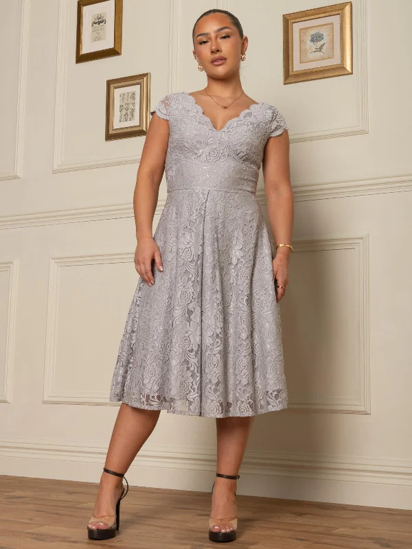 Cap Sleeve Scalloped Lace Dress, Grey