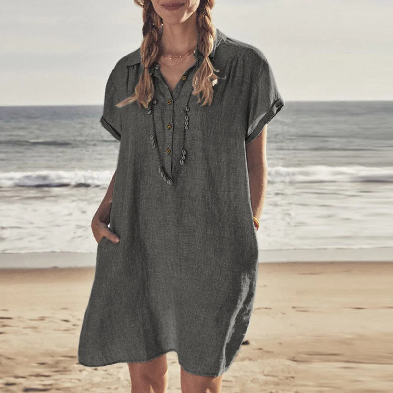 Cotton Linen Shirt Dress Pocket Beach Dresses