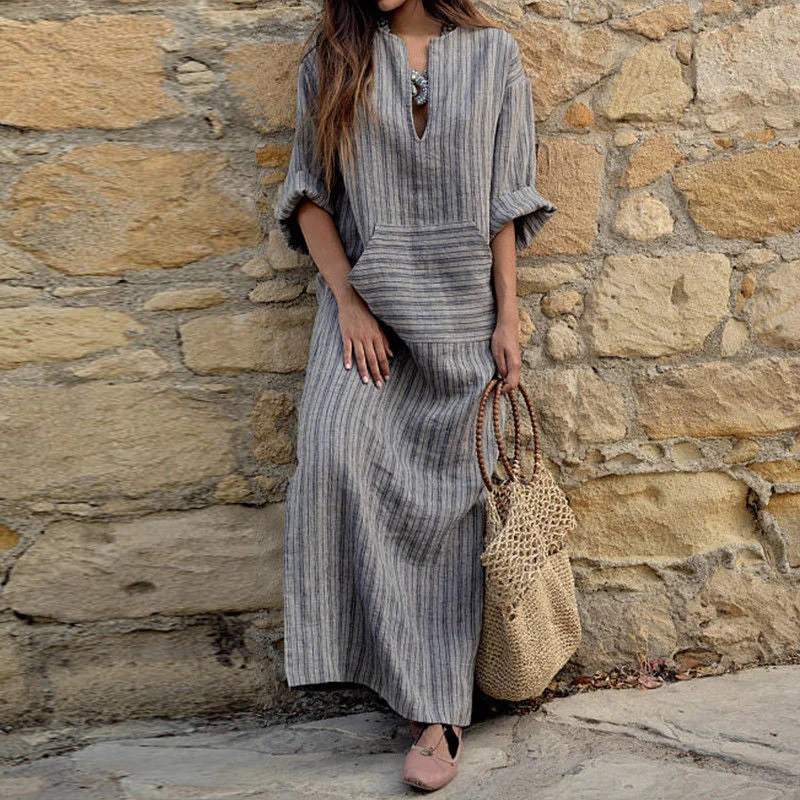 Cotton Linen Striped Loose Long Dress Dresses