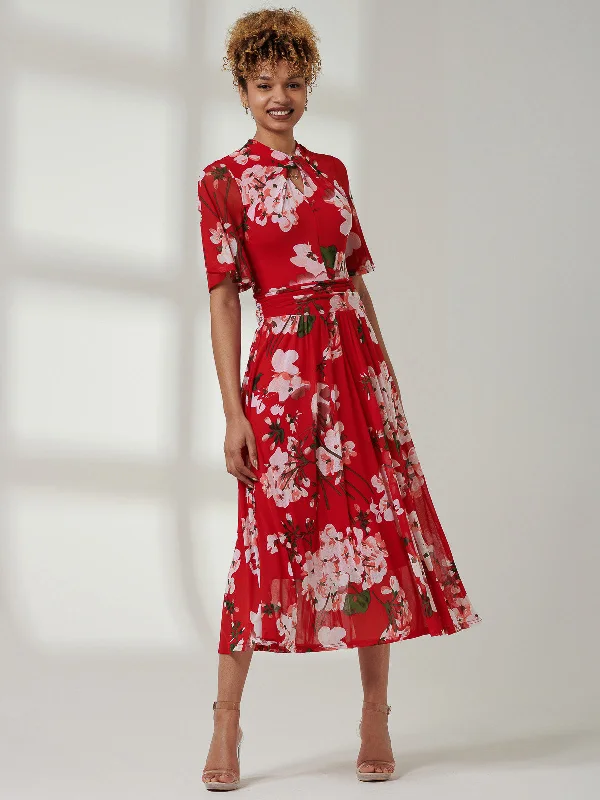 Danika Keyhole Neck Mesh Dress, Red Floral