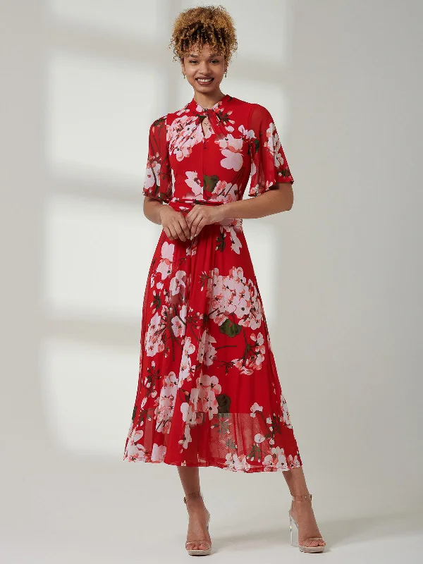 Danika Keyhole Neck Mesh Dress, Red Floral