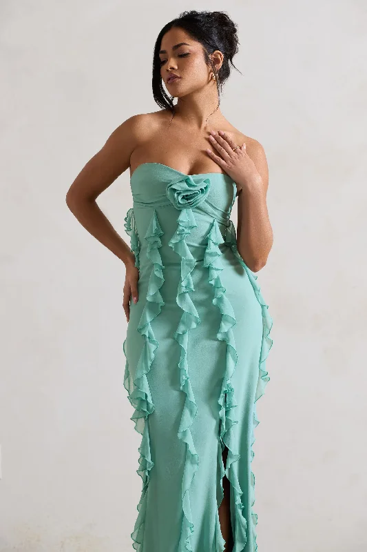 Gardenia | Mint Green Strapless Ruffle Maxi Dress With Corsage