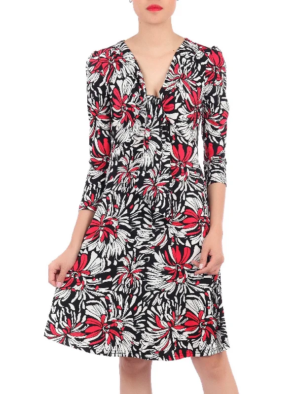 Jolie Moi Print Long Sleeve Tie Front Dress, Black Multi