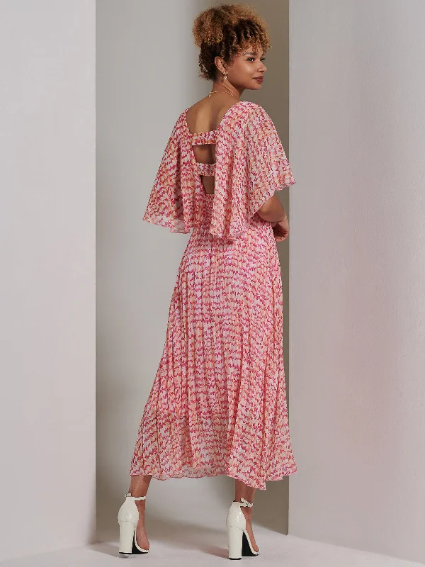 Kyra Pleated Chiffon Maxi Dress, Pink Abstract