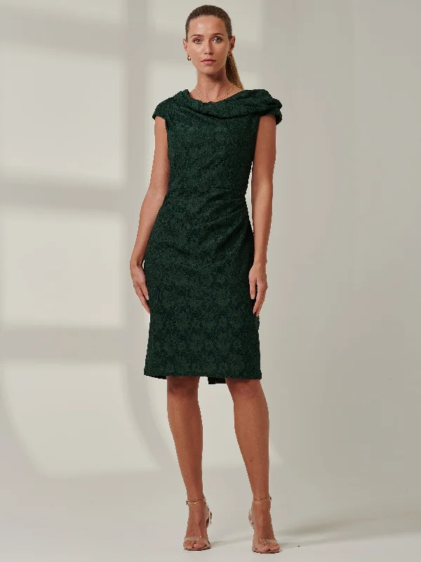 Lace Bonded Bardot Neck Dress, Dark Green