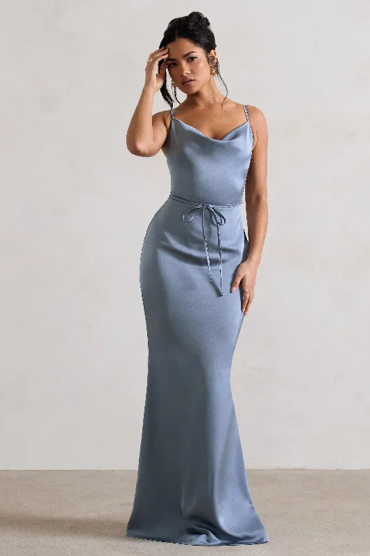 Lifetime | Slate Blue Satin Cowl Neck Maxi Dress With Cross Back Detail