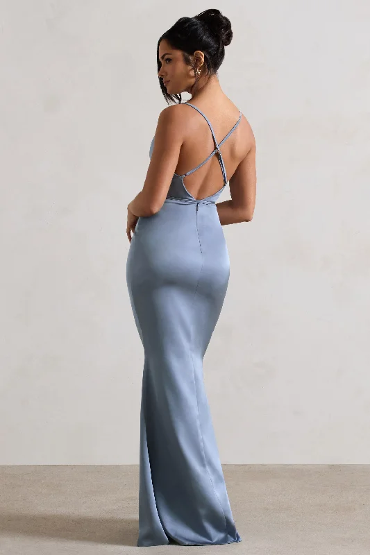 Lifetime | Slate Blue Satin Cowl Neck Maxi Dress With Cross Back Detail