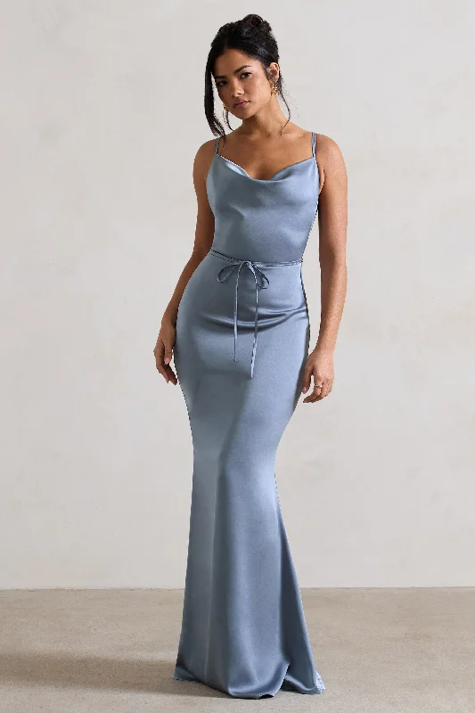 Lifetime | Slate Blue Satin Cowl Neck Maxi Dress With Cross Back Detail