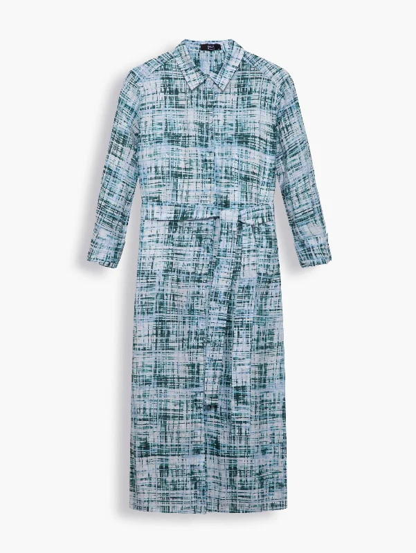 Linen Midi Shirt Dress in Foliage Green Abstract Print