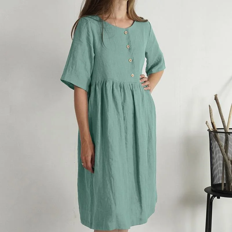 Linen Round-neck Loose Solid Color Pocket Dresses