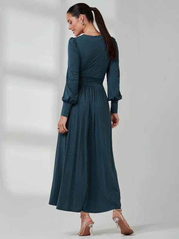 Long Sleeve Soft Silky Jersey Maxi Dress, Dark Teal