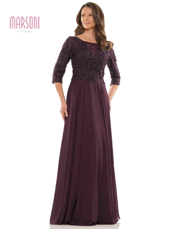 Marsoni by Colors - MV1052 Embroidered Bateau Chiffon A-line Gown