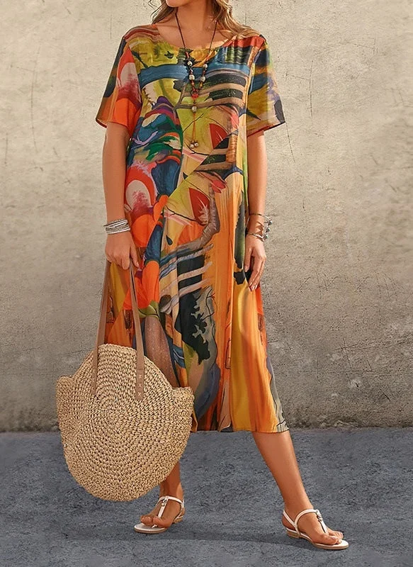 Printing Summer Short-sleeved Waist Round Neck Dresses