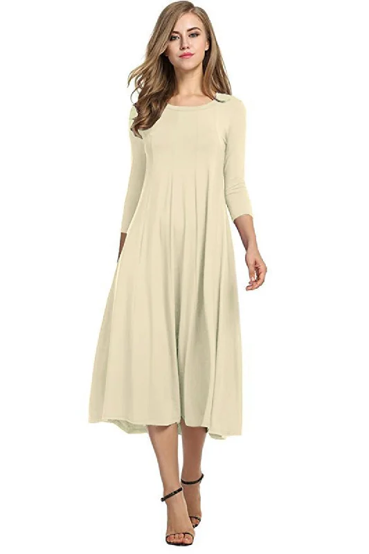 Women's Autumn Round Neck Shirt Half Sleeve Solid Color Wide Hem Dresses